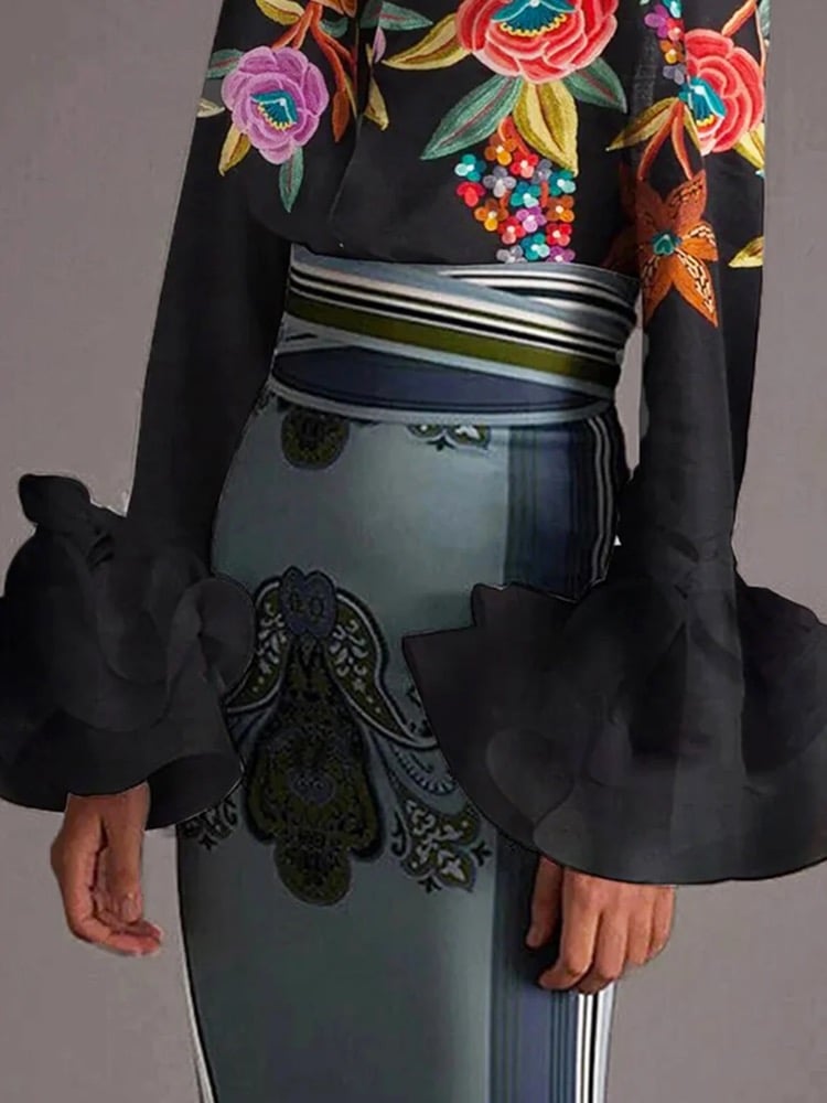 Flared Sleeves Long Sleeves Buttoned Contrast Color Flower Print Lapel Blouses&Shirts Tops