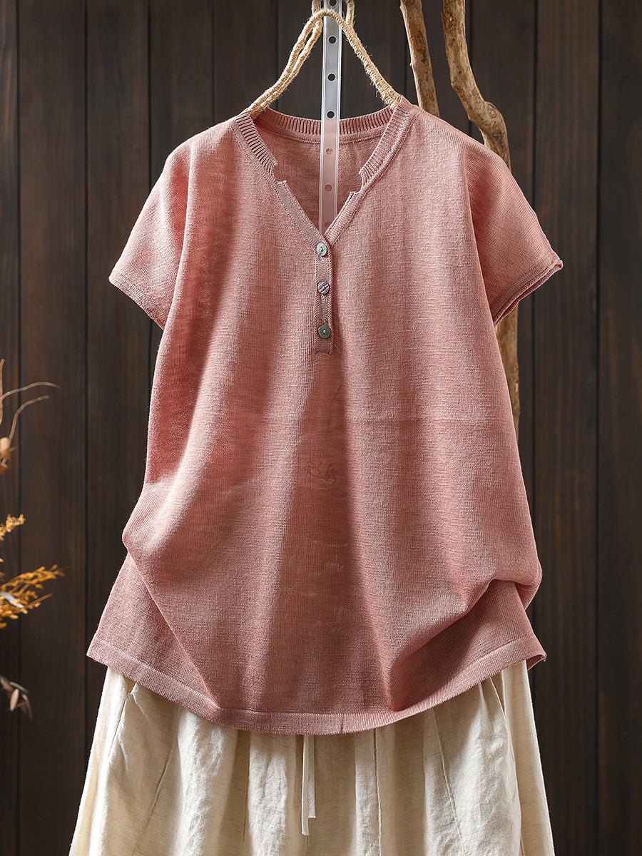 Women Summer Casual Pure Color Knitted V-Neck Shirt
