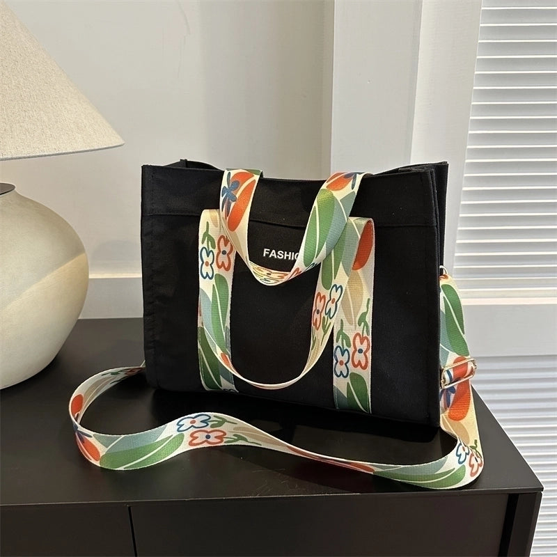 Women's All Seasons Canvas Plant Vacation Square Magnetic Buckle Shoulder Bag Handbag