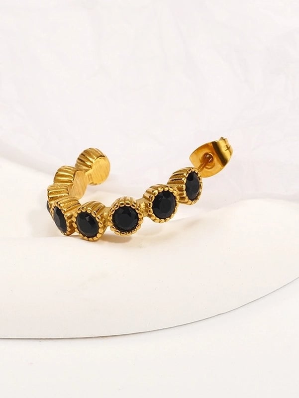 3 Pieces Elegant Vintage Style C Shape Inlay 304 Stainless Steel Artificial Gemstones Artificial Gemstones 18K Gold Plated Ear Studs