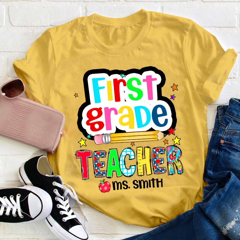 Personalized Grade And Name Color Pencil Stars Red Apple Teacher T-Shirt