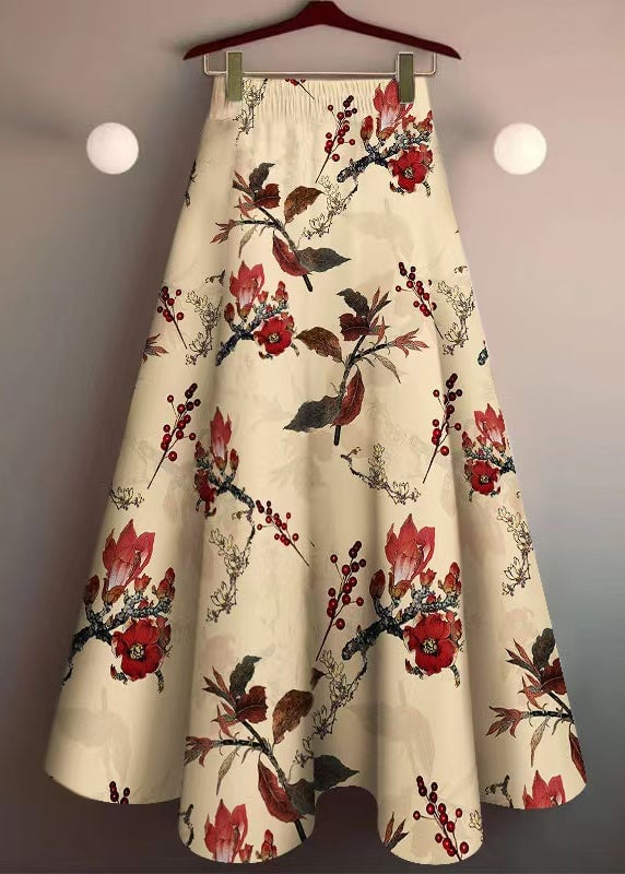 Elegant Khaki Print Elastic Waist Cotton Skirt Summer