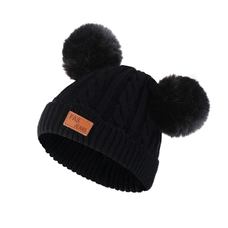 Autumn And Winter Children's Thickened Wool Hat Ear Double Hair Ball Warm Ear Protection Knitted Hat Set With Standard Solid Color Hat