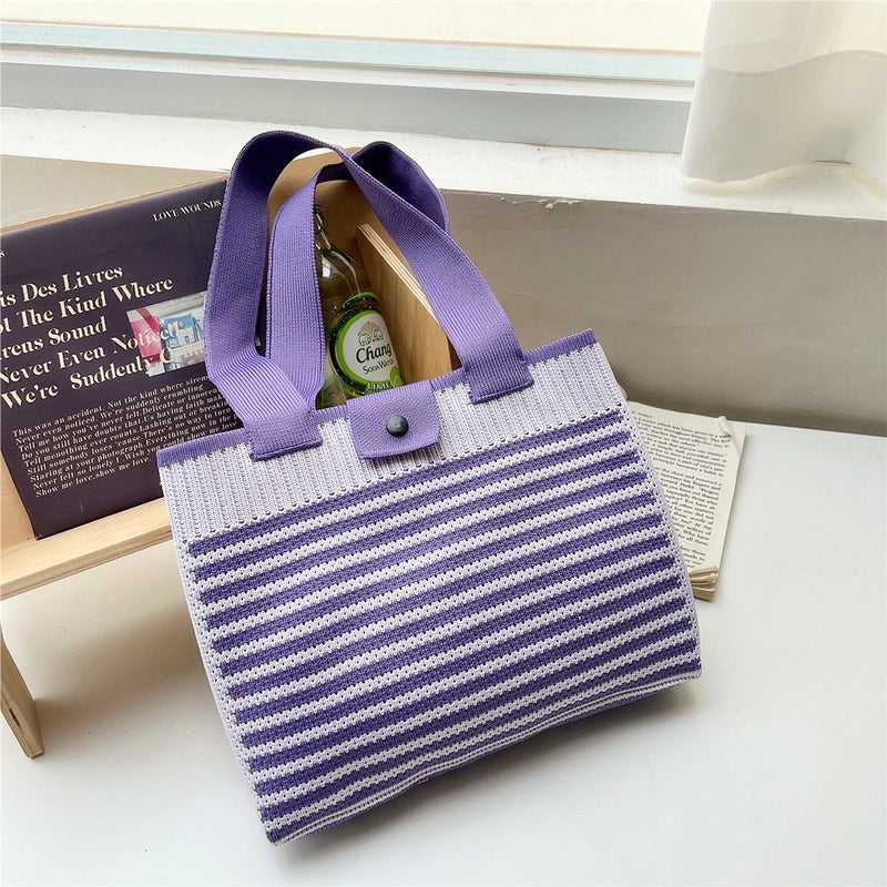 Women's Medium Knit Stripe Classic Style Buckle Tote Bag
