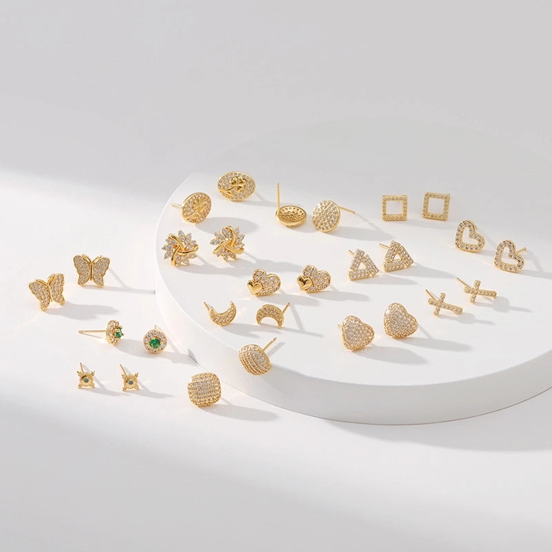 1 Pair Minimalist Geometric Inlay Copper Zircon 18K Gold Plated Ear Studs