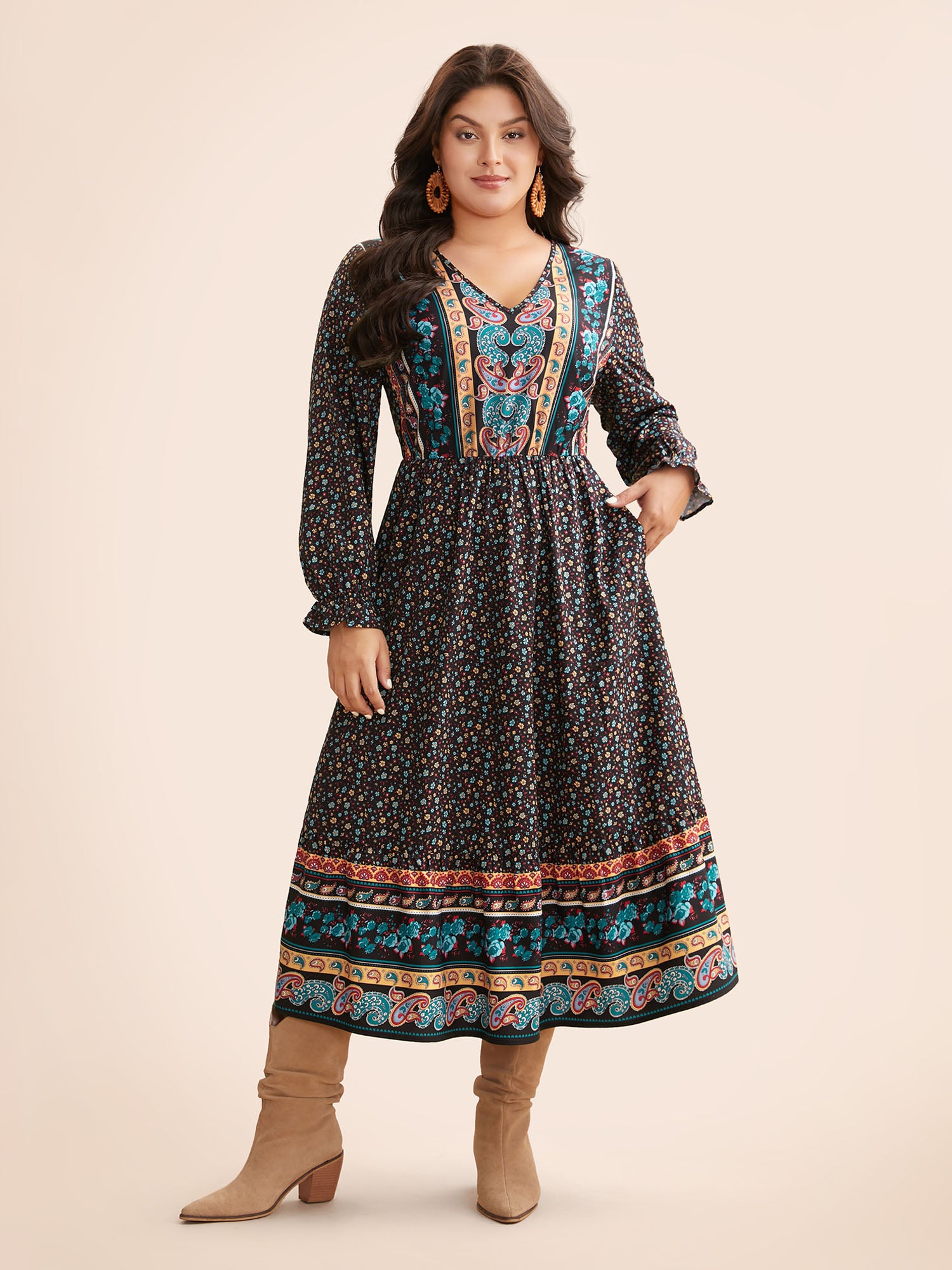 Boho Print V Neck Elastic Waist Dress
