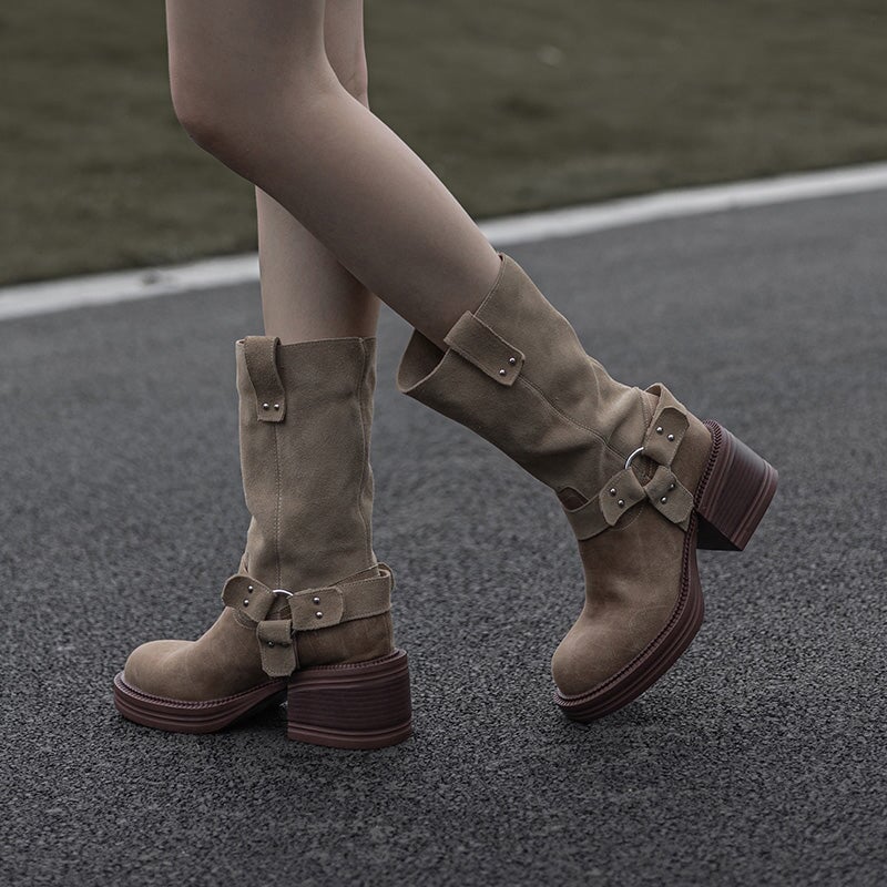 Women's Leather Western Boots Block Heel Mid Calf Boots for Autumn/Winter