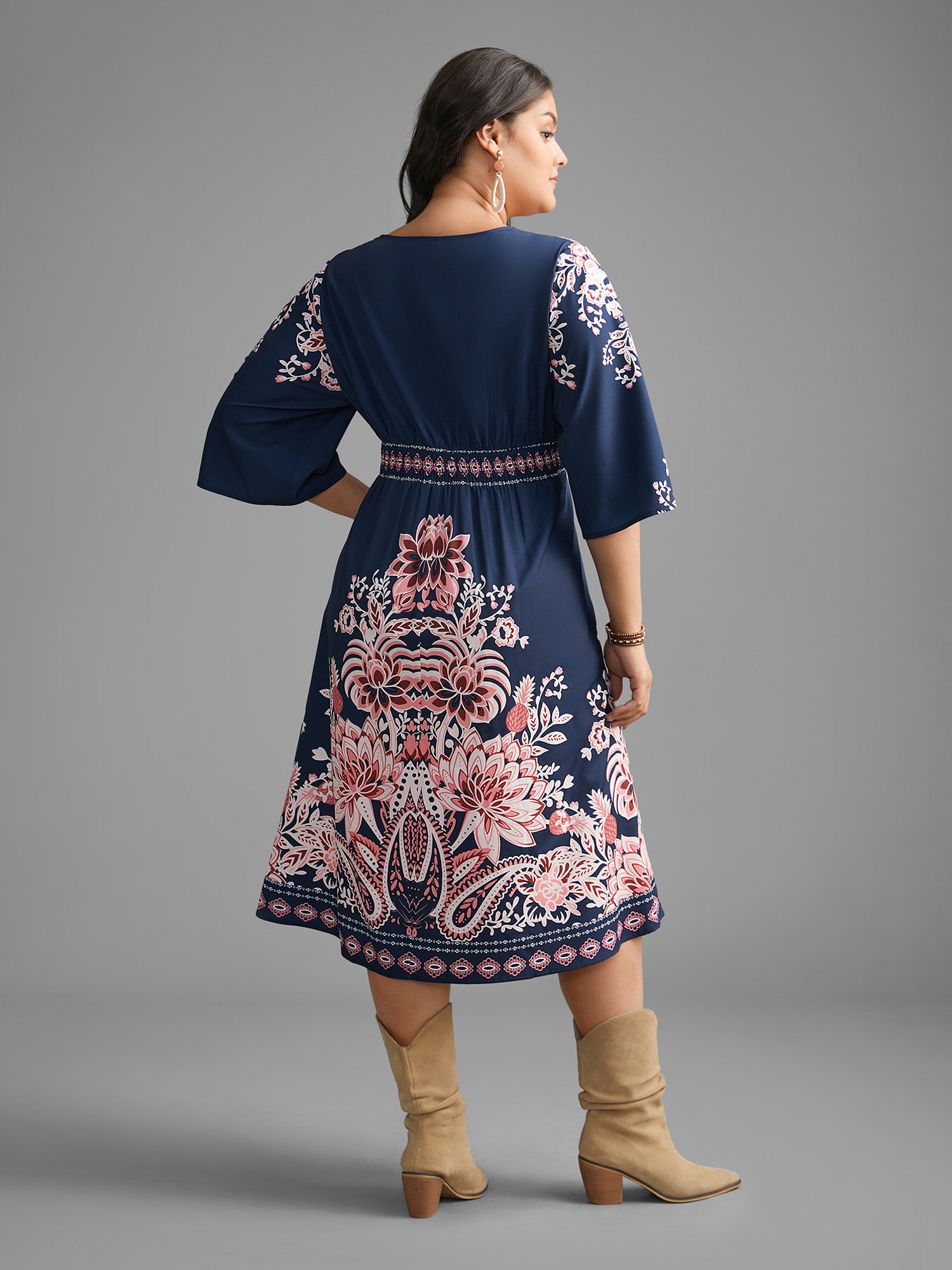 Boho Print Ruffle Sleeve Shirred Dress