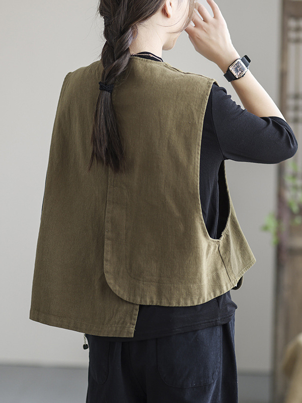 Vintage Asymmetric Solid Color Buttoned Vest Top