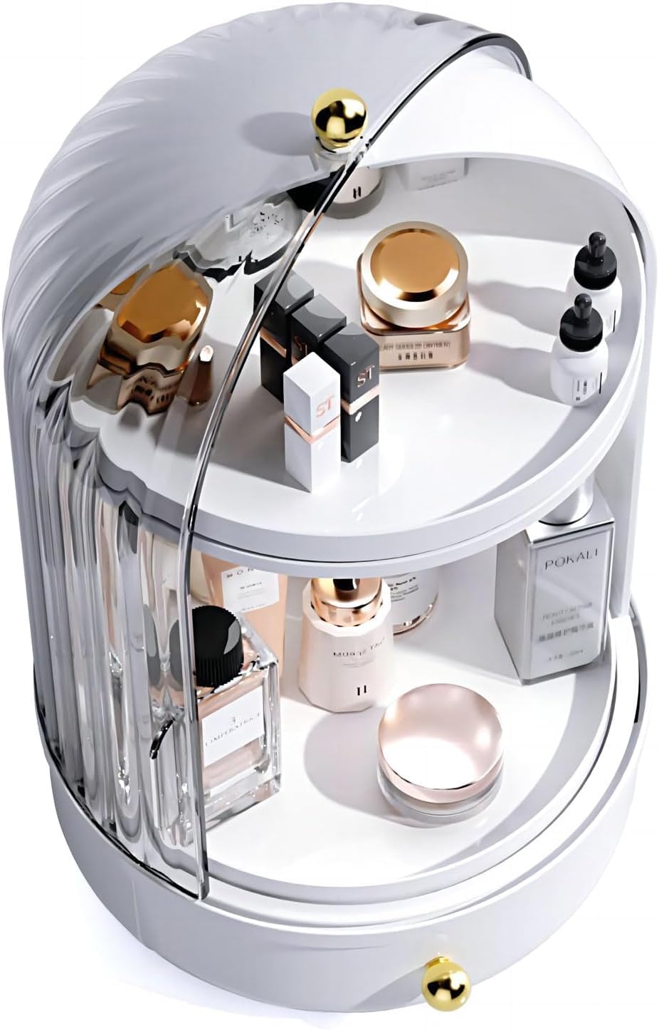 Rotating Makeup Storage With Cover And Drawer. Large Skincare Cosmetics Organizer