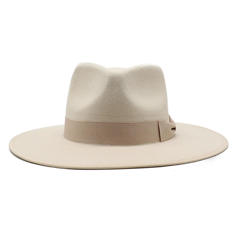 Autumn And Winter Wool Beige Wrapping Large Brim Jazz Top Hat Men's And Women's Bow Drop Top Jazz Hat Felt Hat