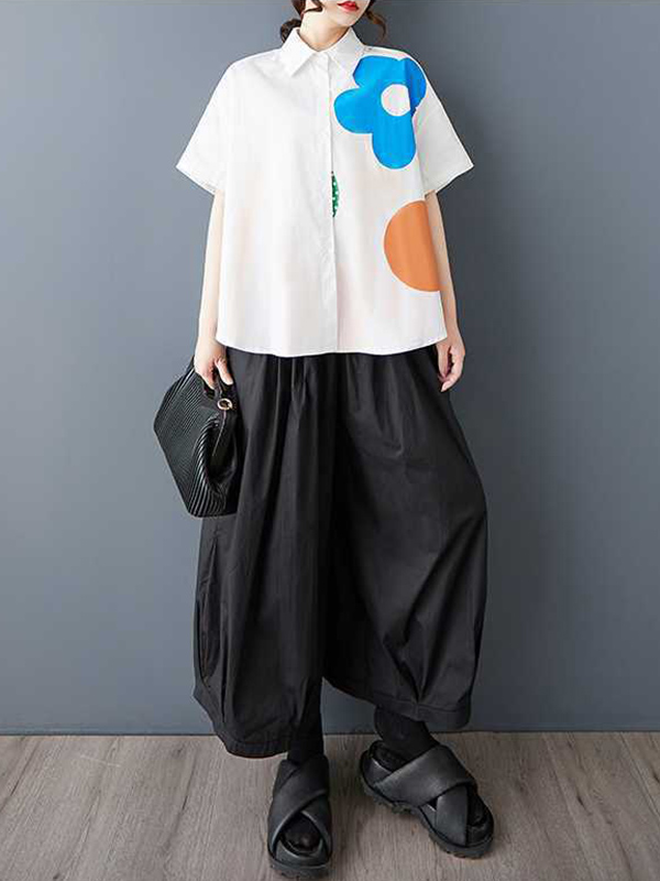 Loose Short Sleeves Buttoned Flower Print Lapel Blouses&Shirts Tops