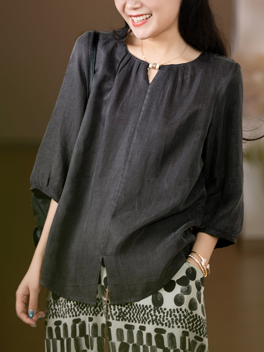 Women Summer Casual Pure Color Linen O-Neck Shirt