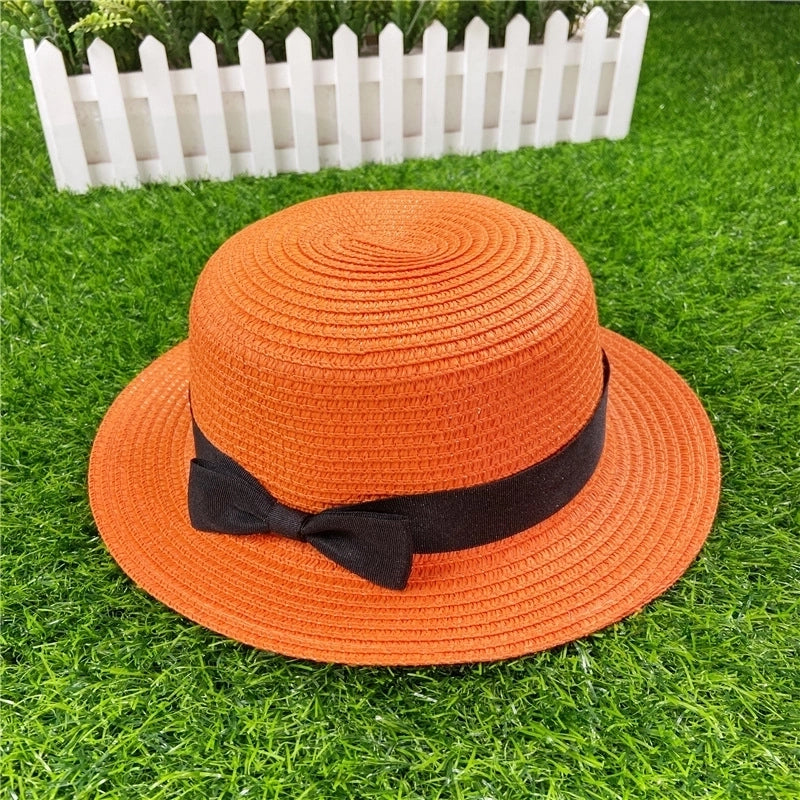 Straw Hat Shading Hat Summer Flat-brimmed Bow Straw Flat Top Hat