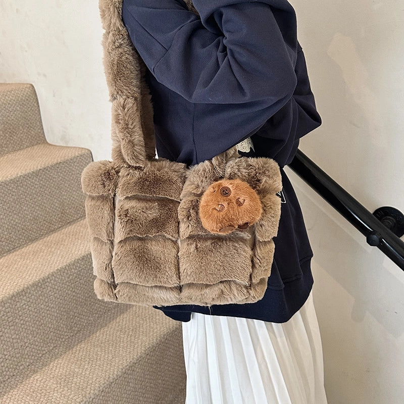 Women's Plush Solid Color Classic Style Square Magnetic Buckle Shoulder Bag Crossbody Bag