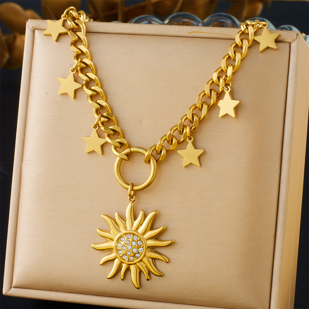 Neutral Style Stainless Steel Thick Chain Necklace Star Diamond Wing Sun Pendant Sweater Chain