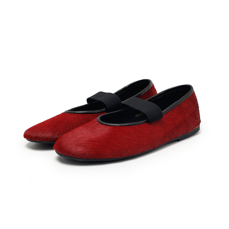 Elegant Round Toe Soft Leather Mary Jane Flats in Red/Black/Wine Red