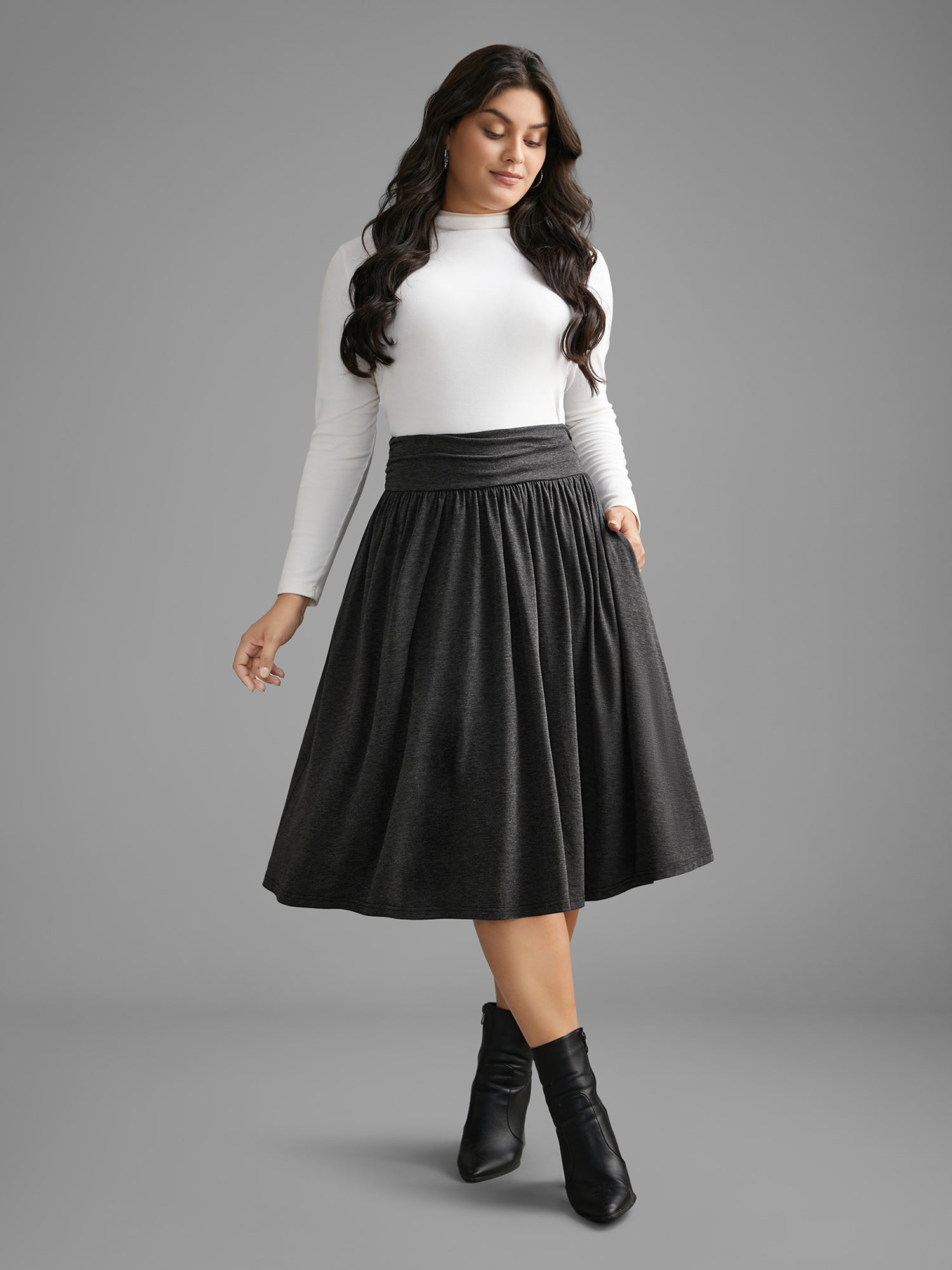 Plain Ruched Pocket Slightly Stretchy Skirt