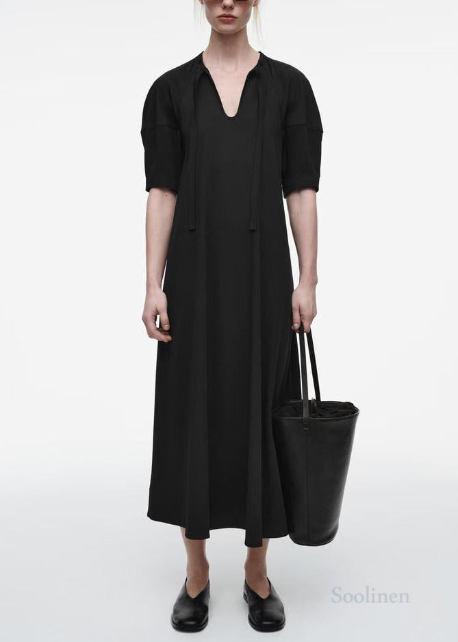 Boho Black Puff Sleeve Tie Waist Cotton Party Dress
