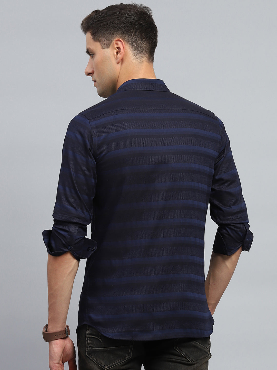 Men Navy Blue Stripe Collar Full Sleeve Shirt