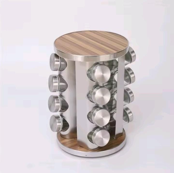 Rotating Spice Rack With Steel And Wood Body