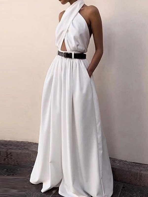 High Waisted Loose Backless Hollow Pleated Solid Color Split-Joint Halter-Neck Jumpsuits