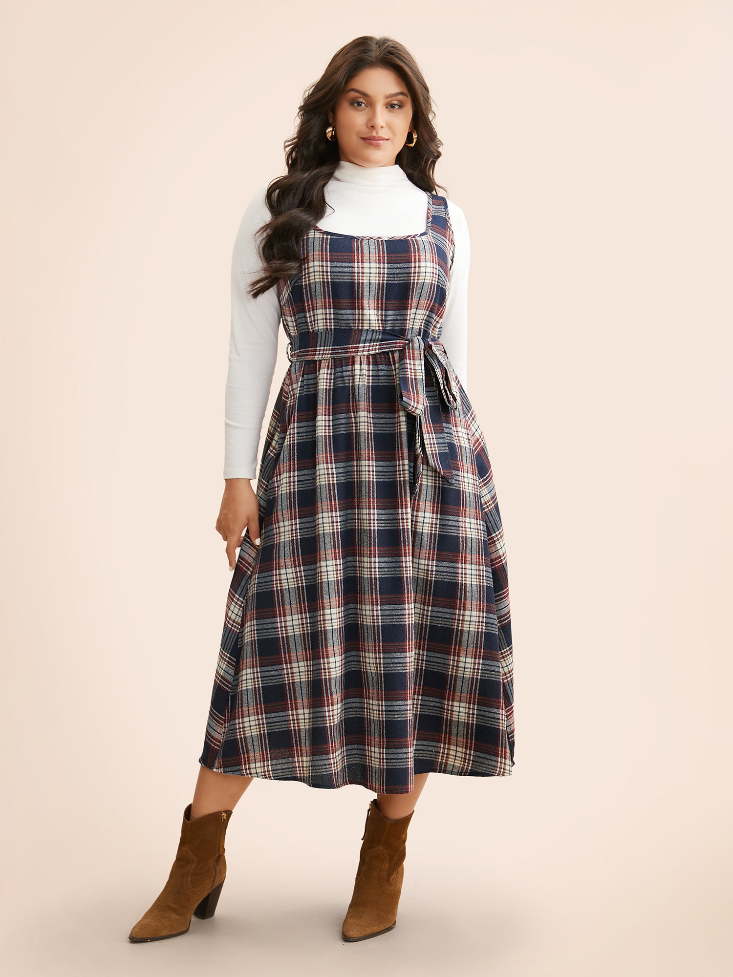 Square Neck Plaid Belted Dress