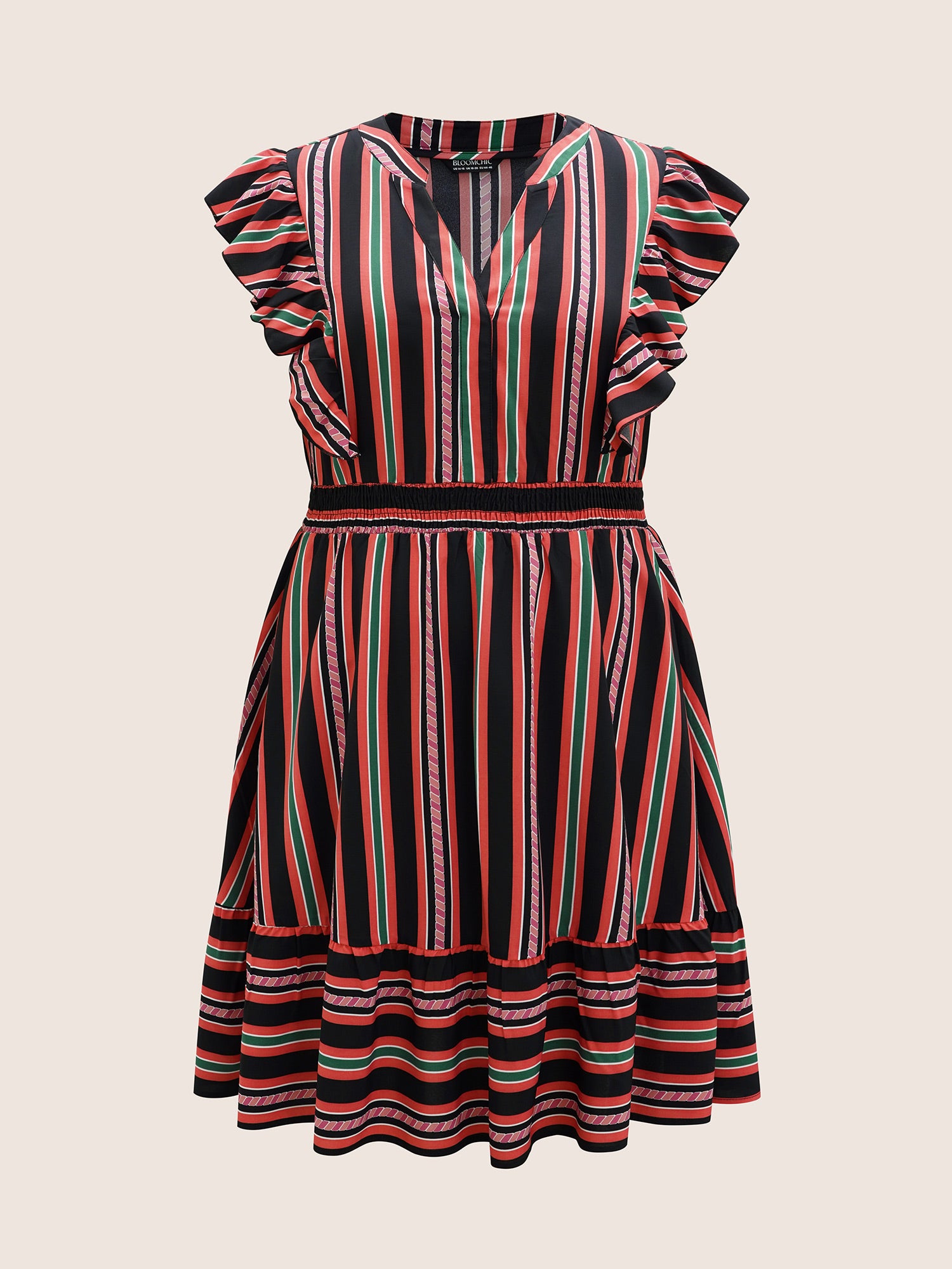 Contrast Striped Ruffle Cap Sleeve Dress