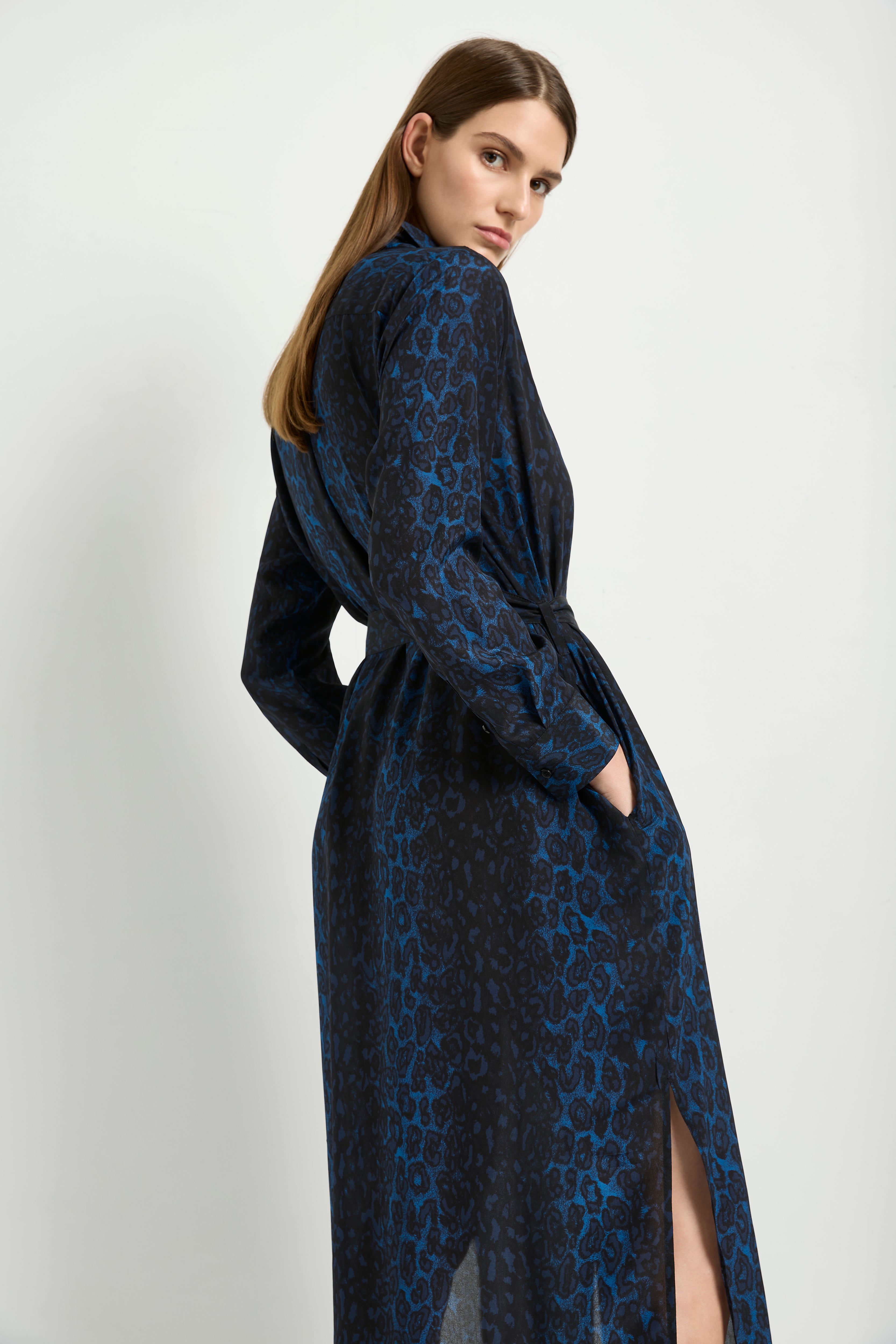 Mela Purdie Tie Shirt Dress Sapphire Leopard Silk Print