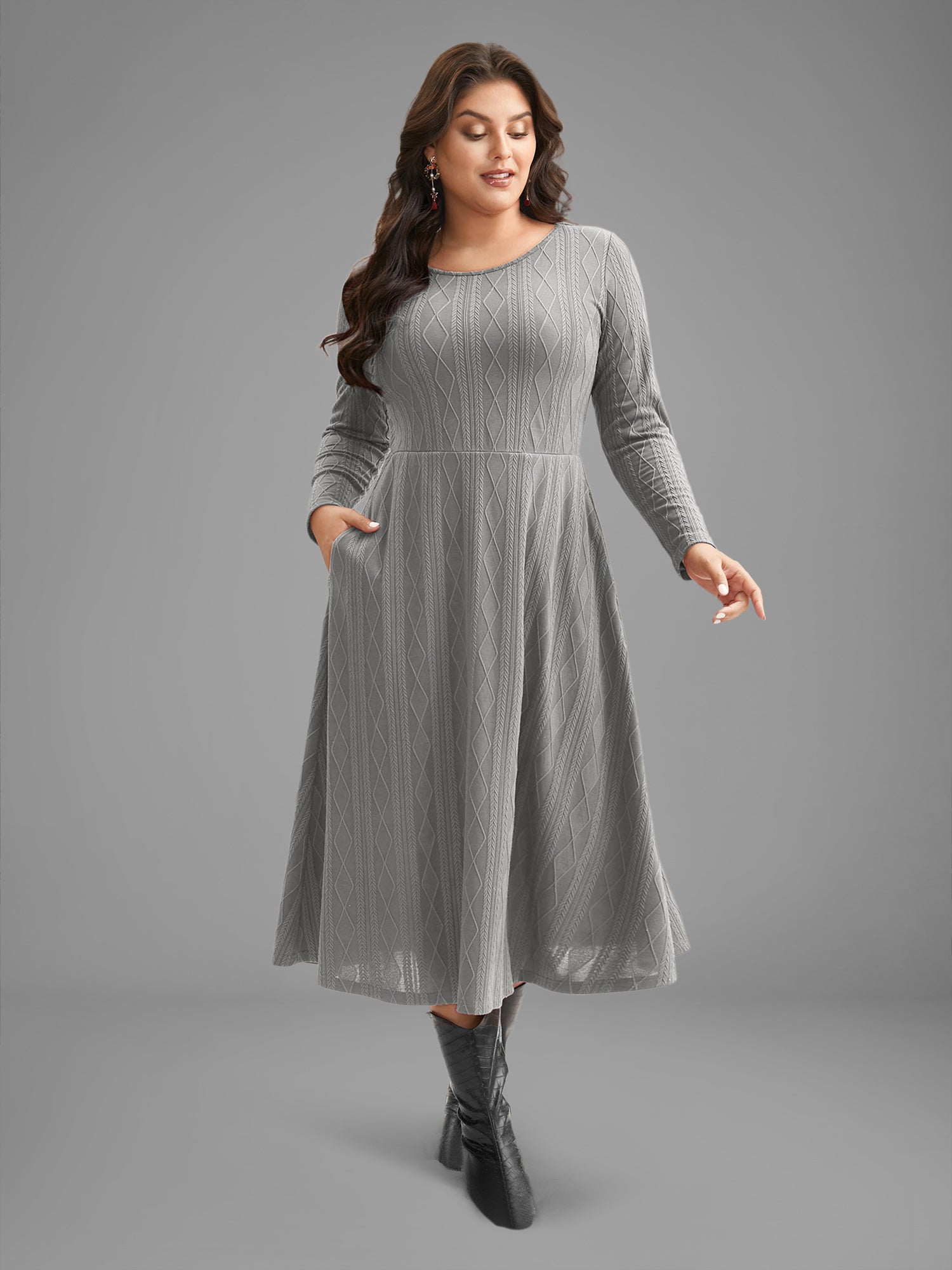 Textured Knit Fit-And-Flare Midi Dress