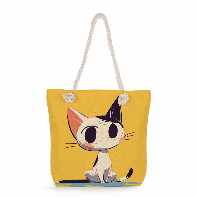 Women's Medium Linen Cat Cute Square Zipper Tote Bag Beach Bag