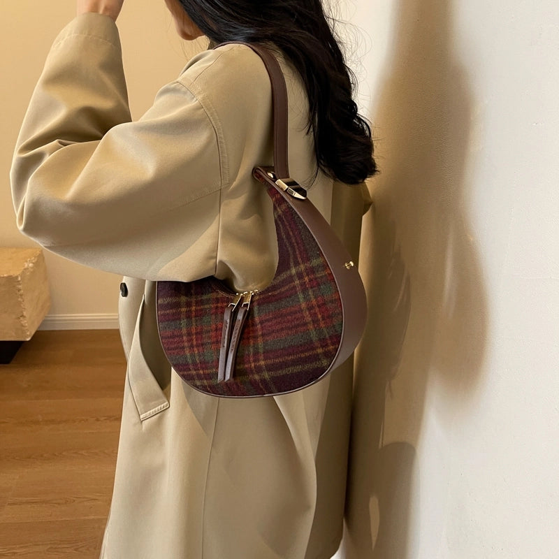 Women's Woolen Lattice Classic Style Sewing Thread Dumpling Shape Zipper Shoulder Bag