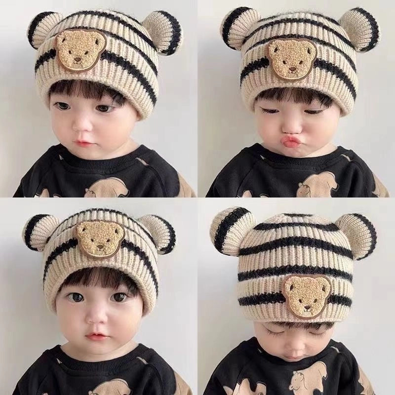 Baby Hat Autumn And Winter Korean Style Baby Hat Striped Cute Bear Hat Wool Hat Boys And Girls Hat