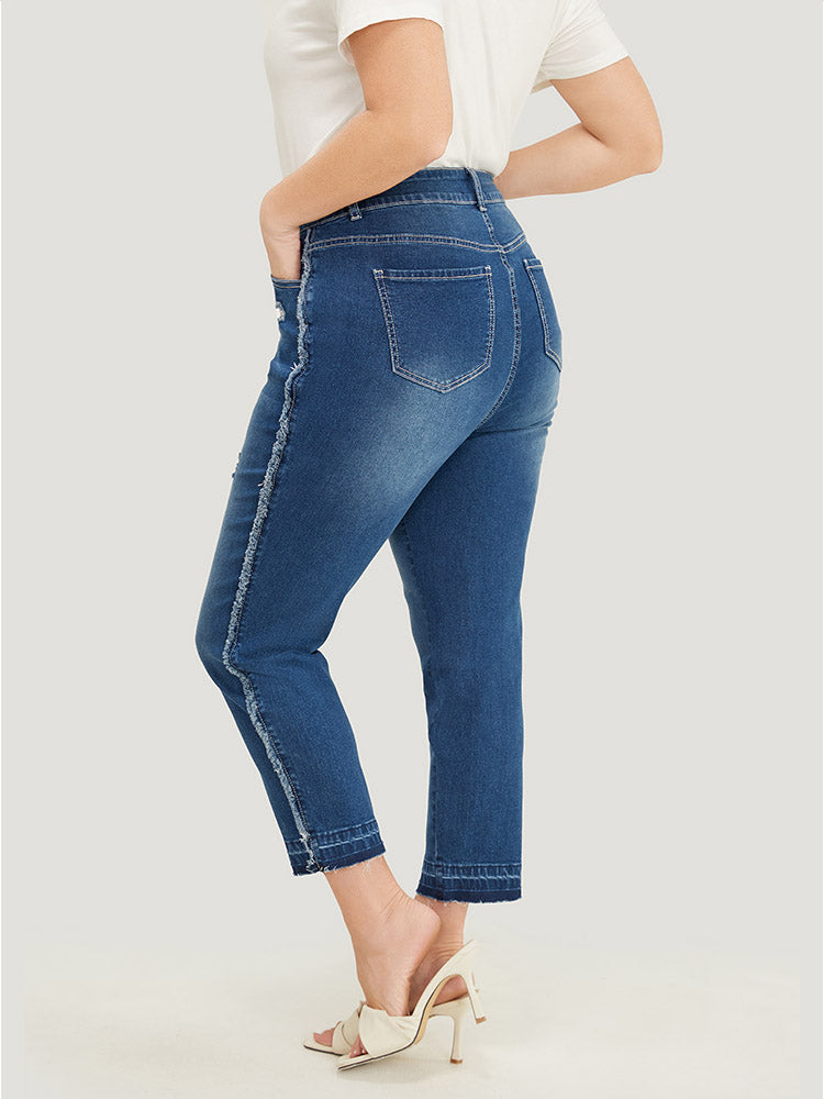 Very Stretchy High Rise Medium Wash Raw Trim Jeans