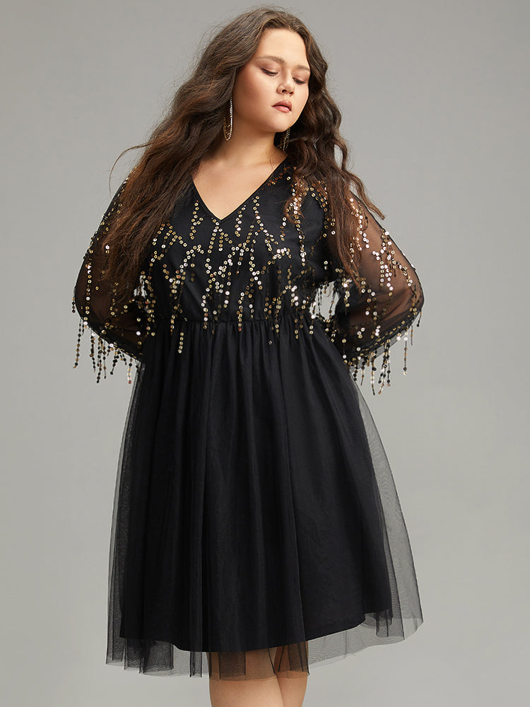 Sequin Mesh Patchwork Tassel Dress