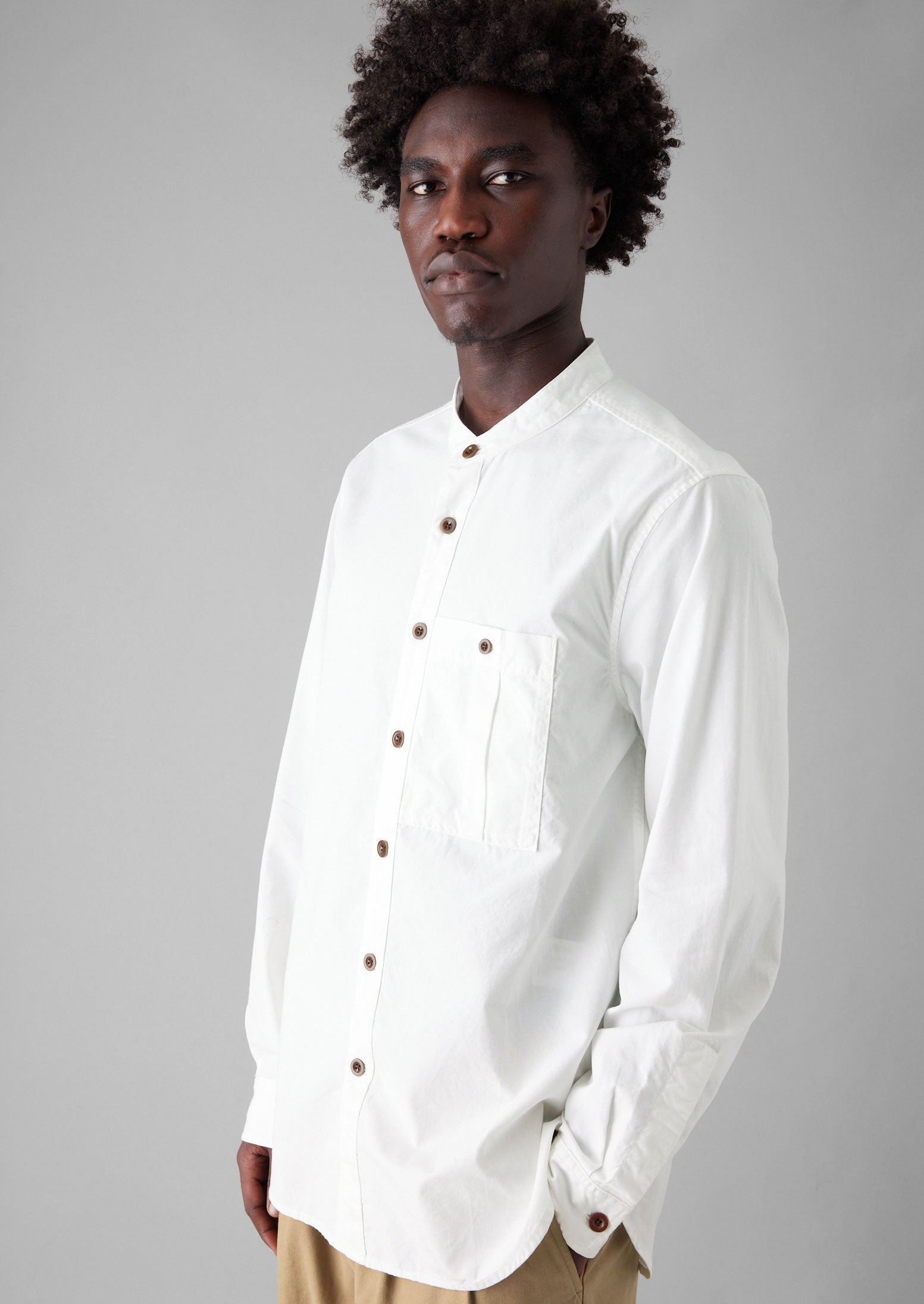 Garment Dyed Oxford Grandad Collar Shirt | Chalk