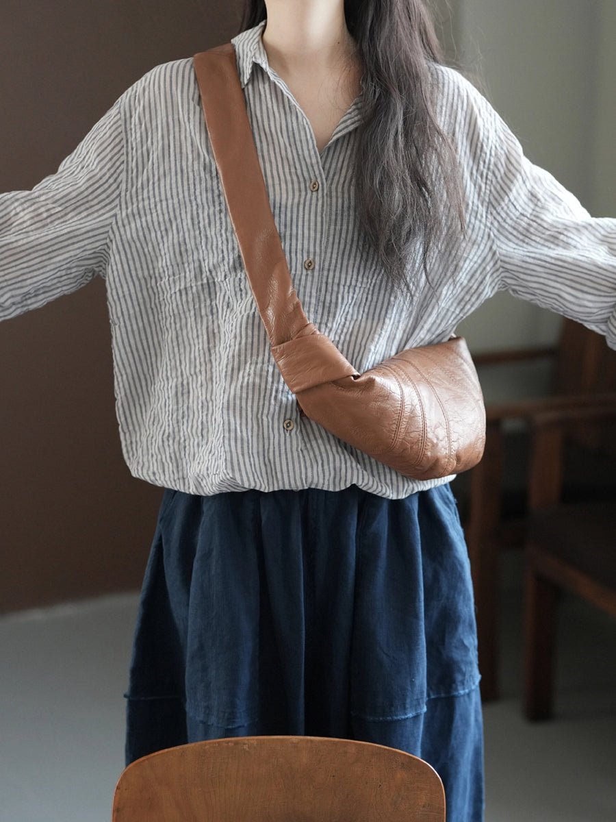 Women Summer Retro Stripe Turn-down Collar Cotton Shirt