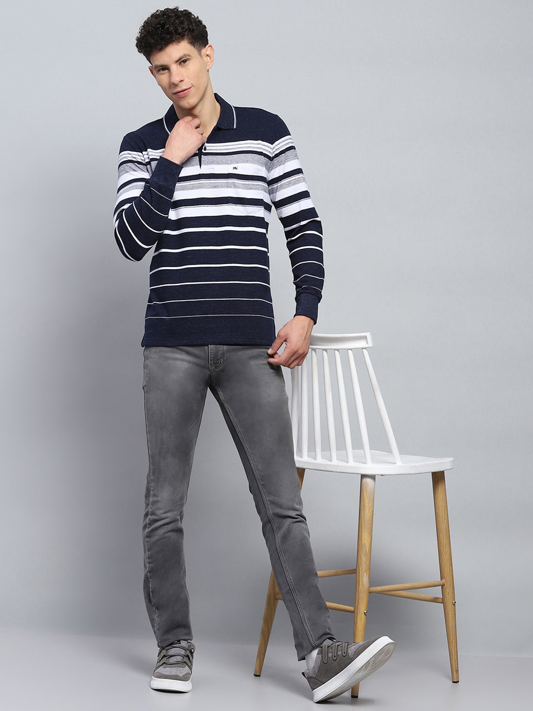 Men Navy Blue Stripe Collar Full Sleeve Winter T-Shirt