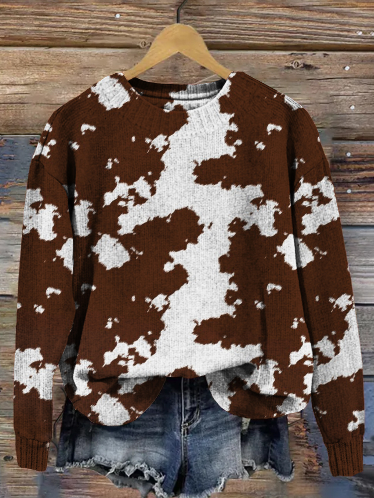 Realistic Brown Cow Hide Pattern Cozy Sweater