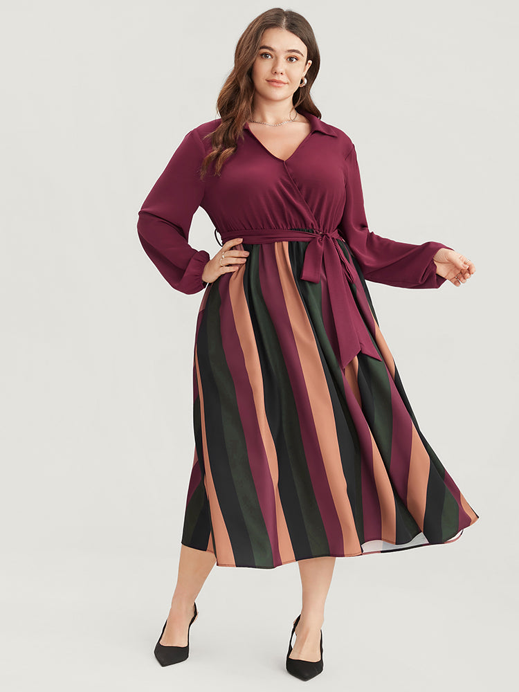 Solid Patchwork Wrap Pocket Lantern Sleeve Belted Striped Dress