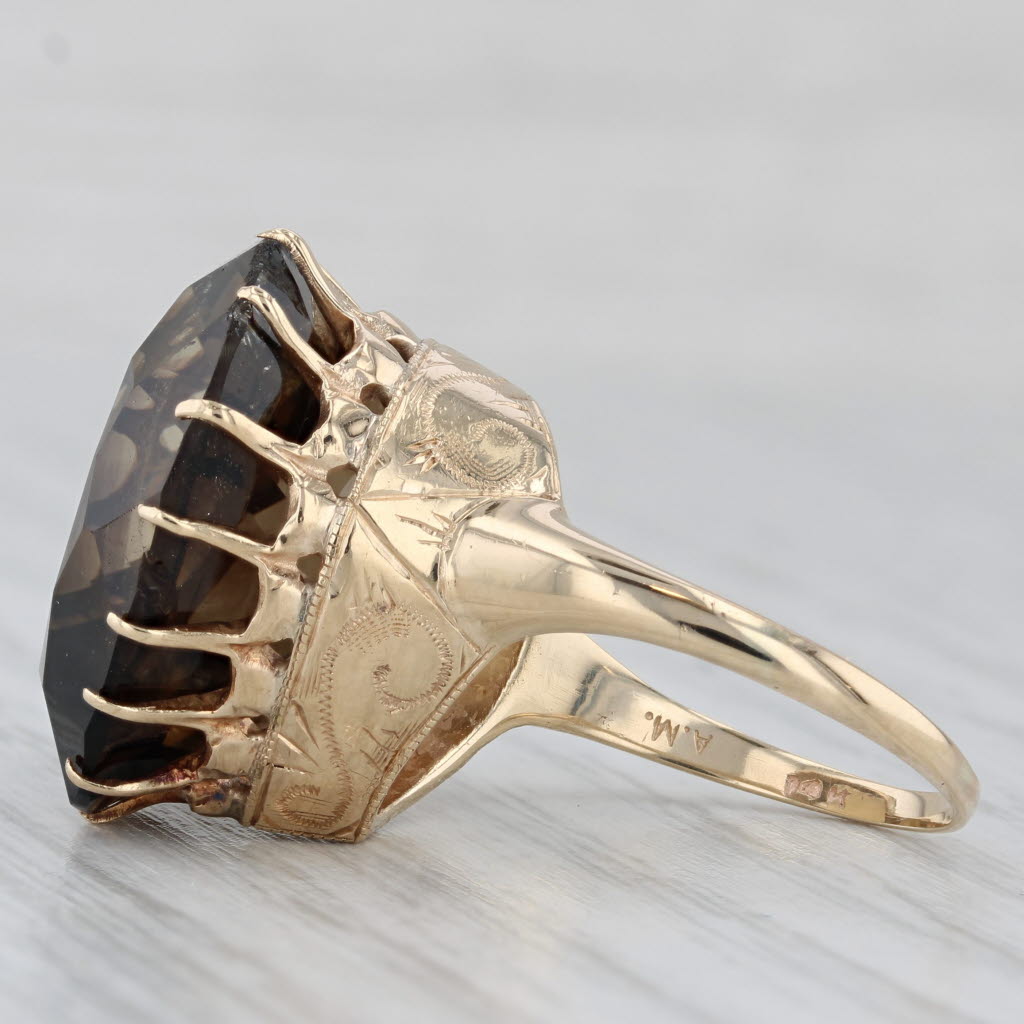 Large 26ct Smoky Quartz Heart Ring 14k Yellow Gold Size 7.25 Statement Cocktail
