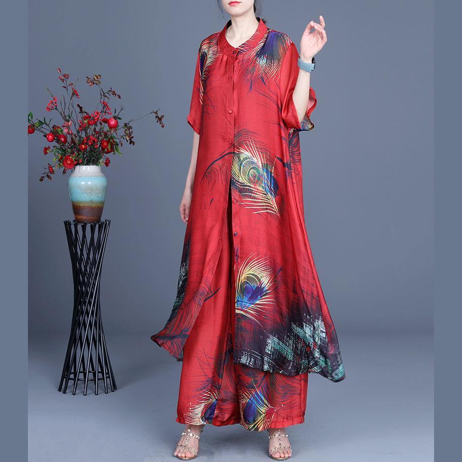 Summer 2024 Loose Silk Red Print Coat + Two Piece Pants