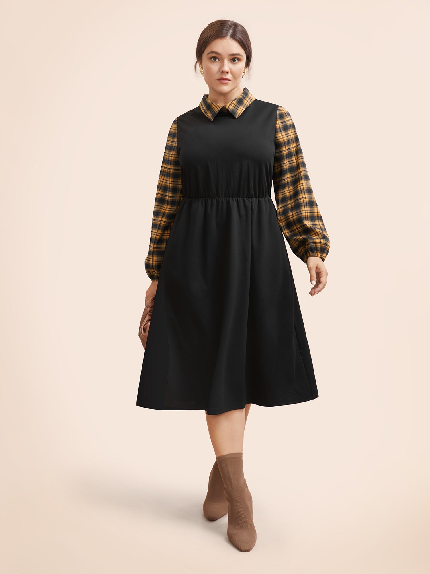 Plaid Patchwork Elastic Waist Midi Dress