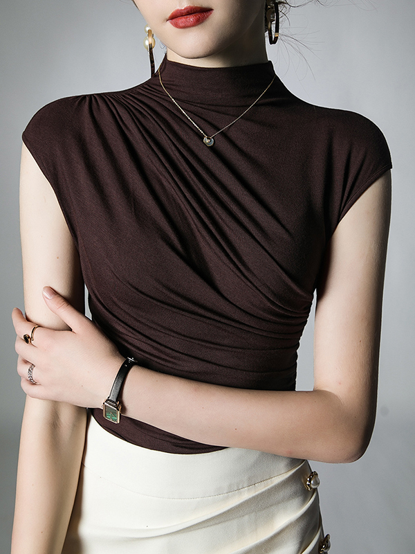 Skinny Pleated Solid Color Mock Neck T-Shirts Tops