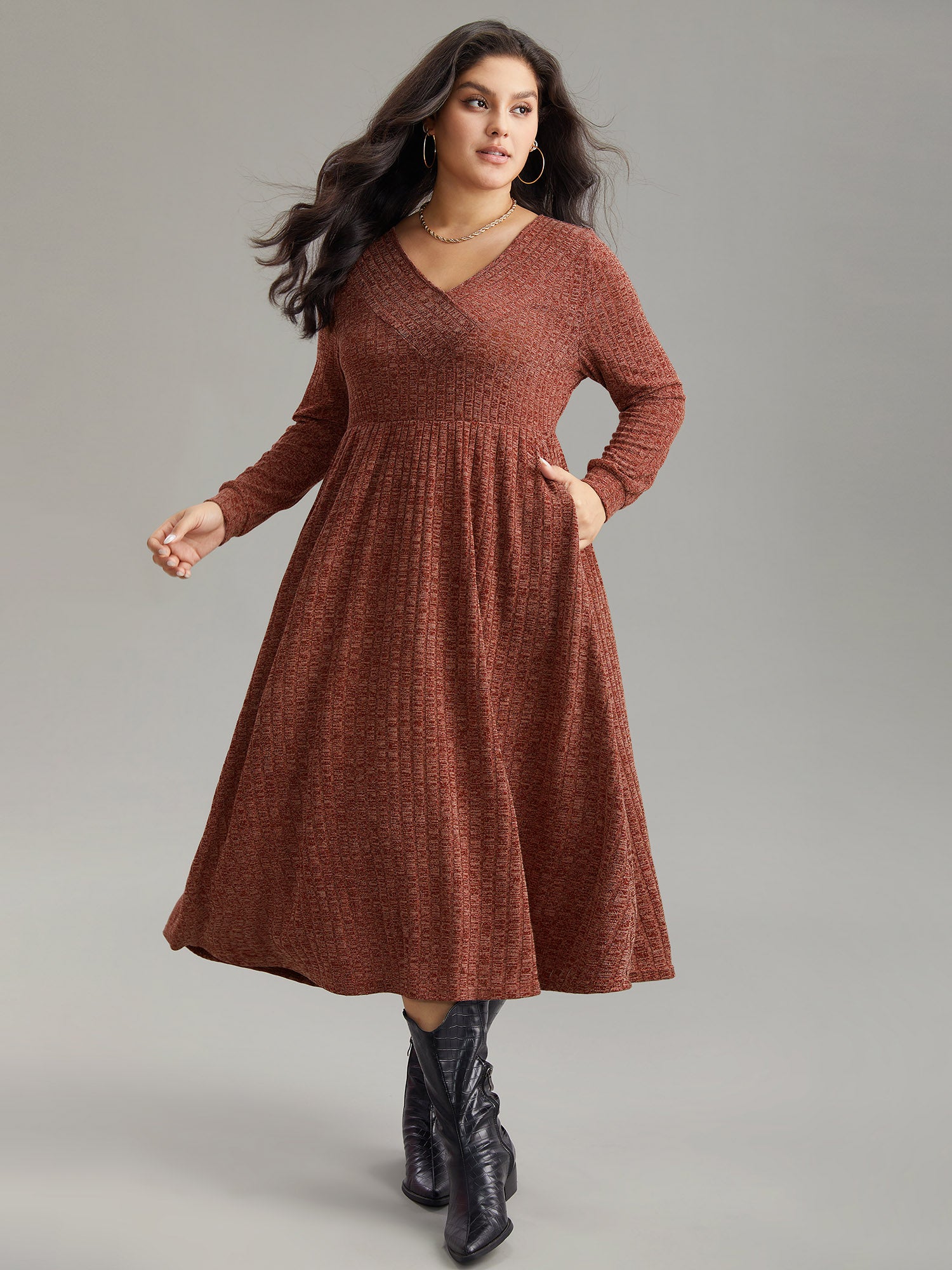 Rib Knit Plain Plisse Long Sleeve Dress