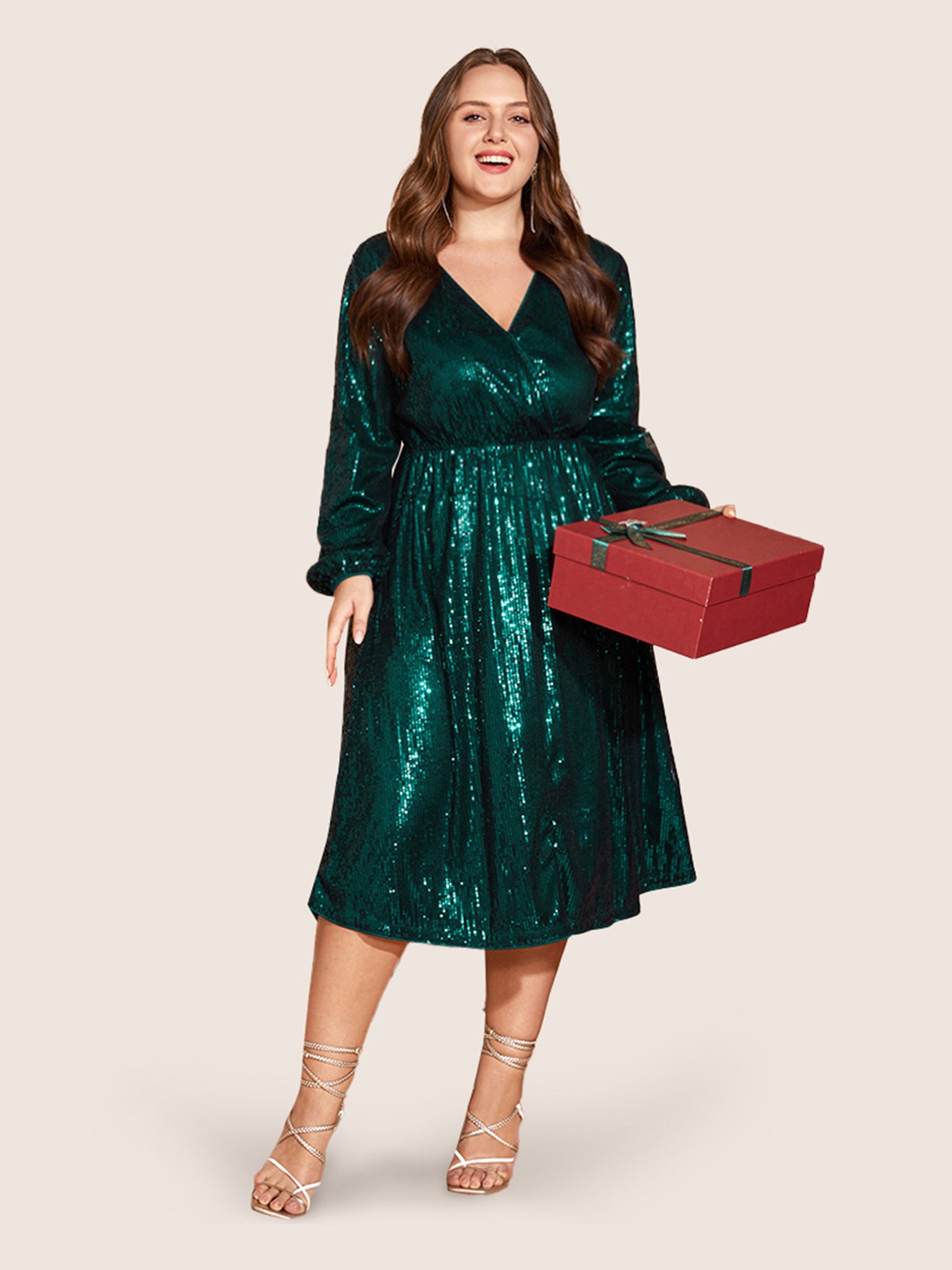 Solid Pocket Lantern Sleeve Wrap Sequin Dress