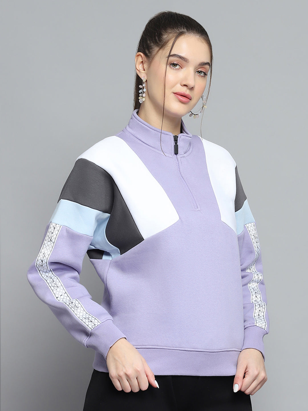 Women Purple Solid Mock Neck Full Sleeve Sweatshirt