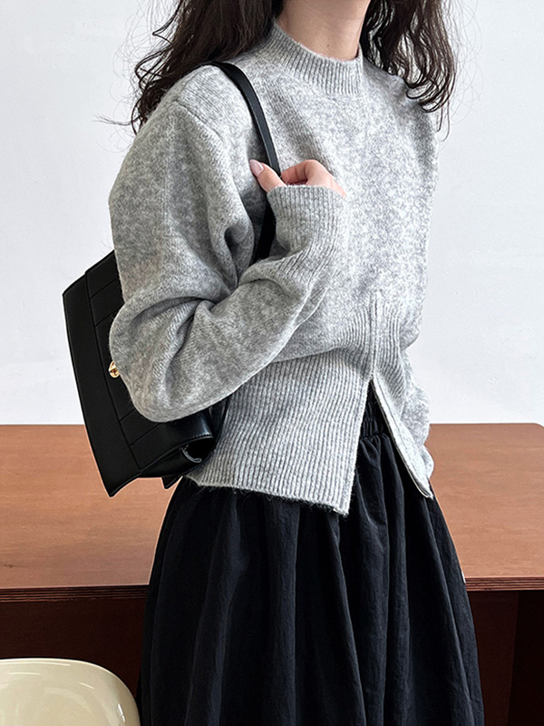 Long Sleeves Loose Solid Color Zipper Mock Neck Pullovers Sweater Tops