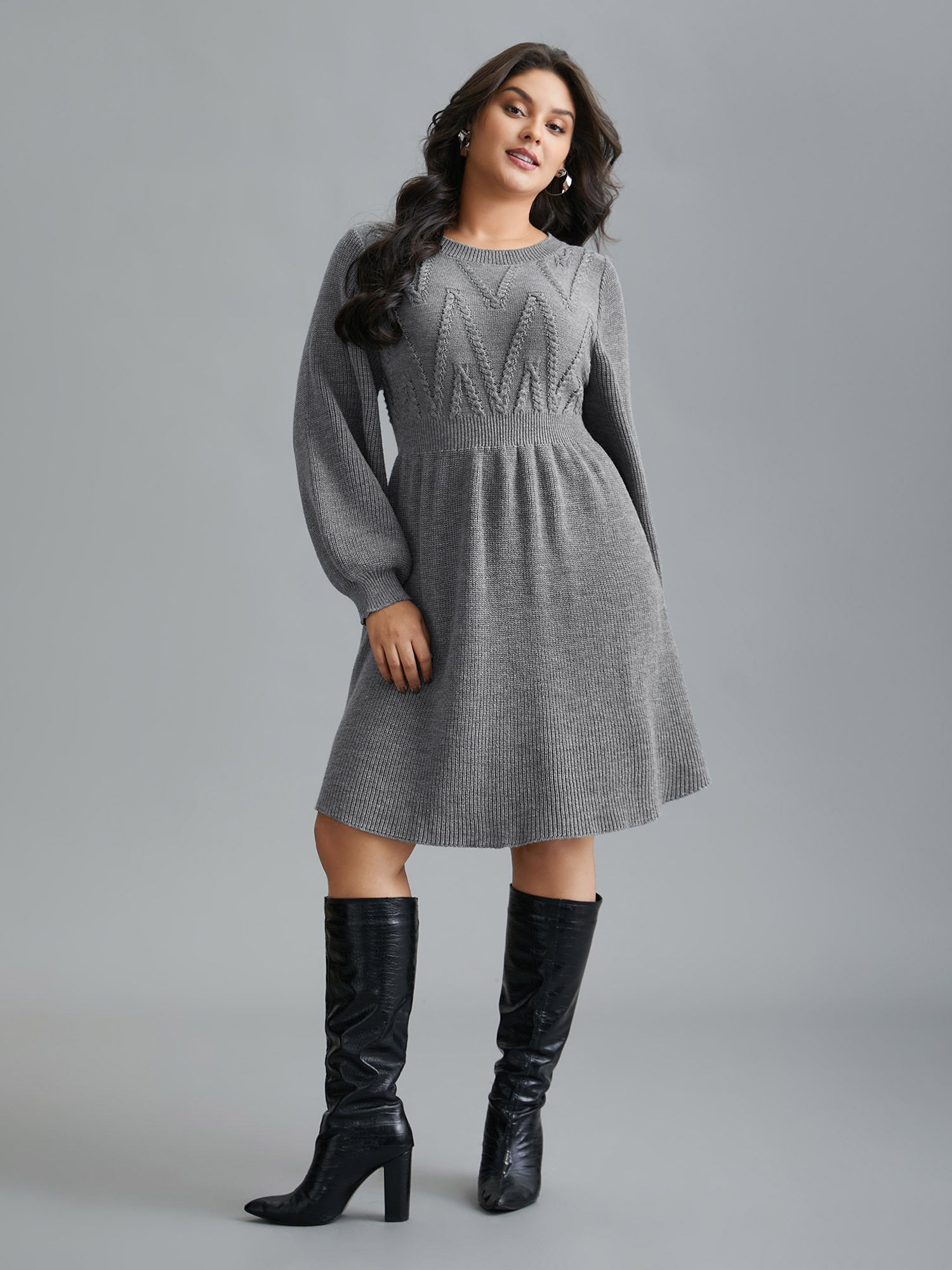 Cable Knit Elastic Waist Midi Sweater Dress