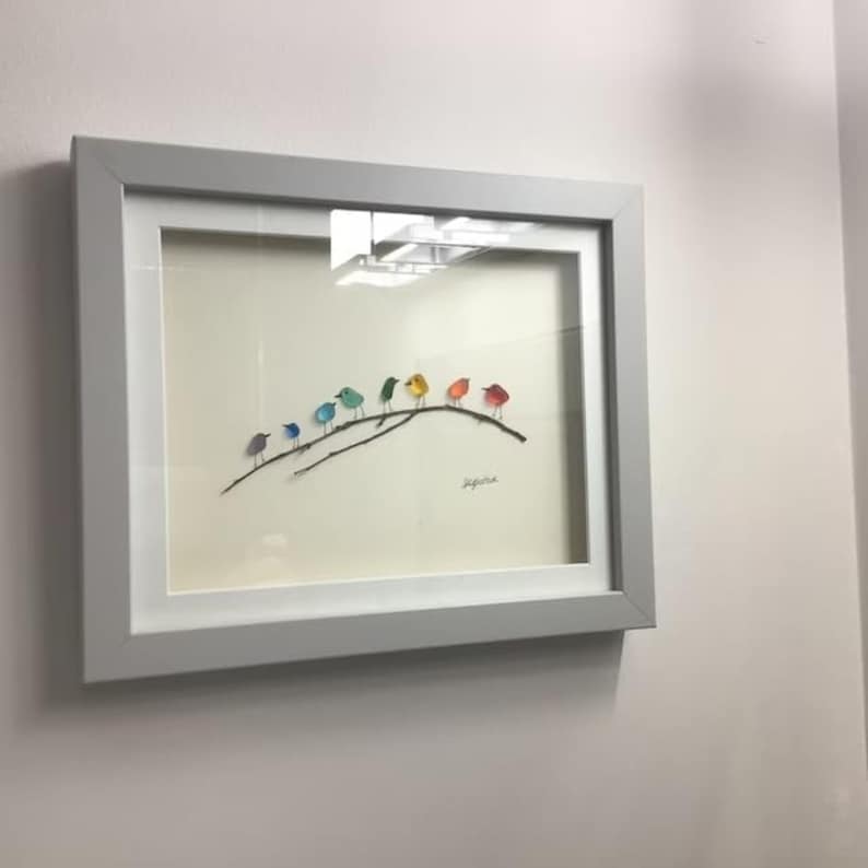 Sea glass rainbow birds -Framed unique handmade